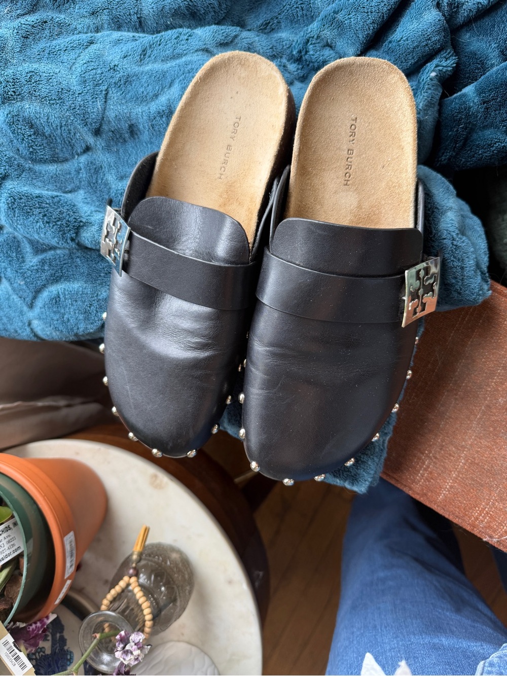 Tory Burch Black Leather Studded Slip-On Mules
